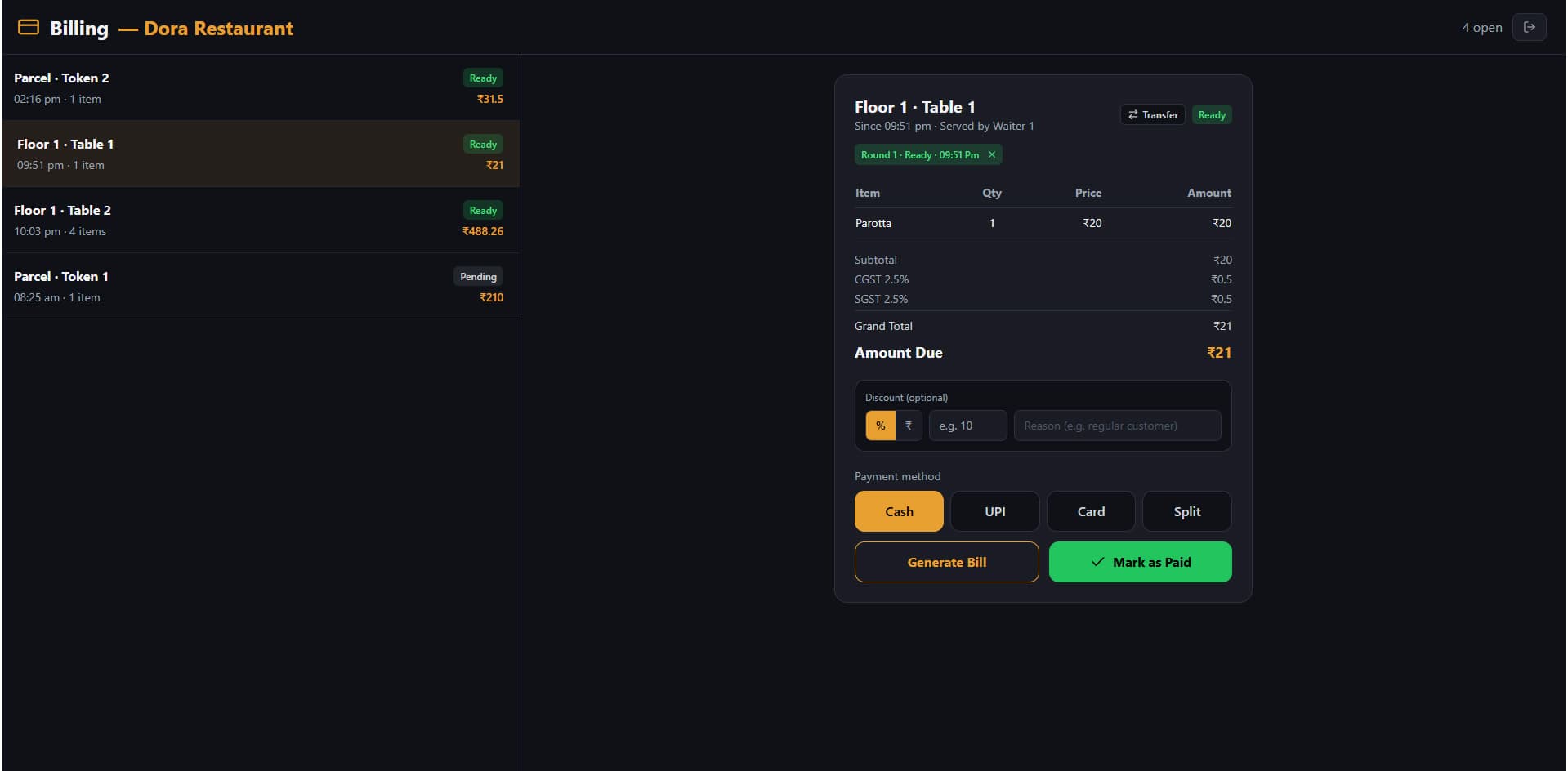 QDCODEX restaurant billing software — Tax and item-wise sales report