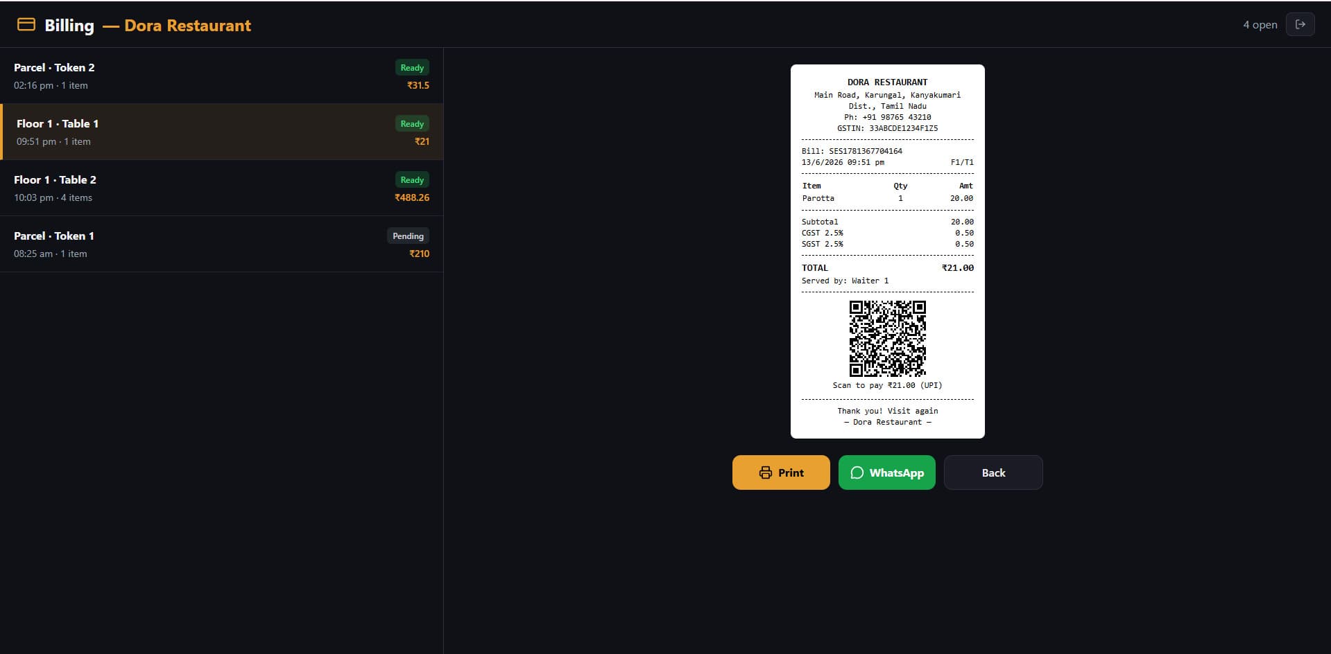 QDCODEX restaurant billing software — Restaurant POS software dashboard