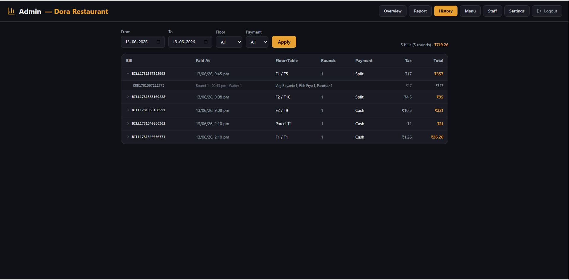 QDCODEX restaurant billing software — Menu and item management screen