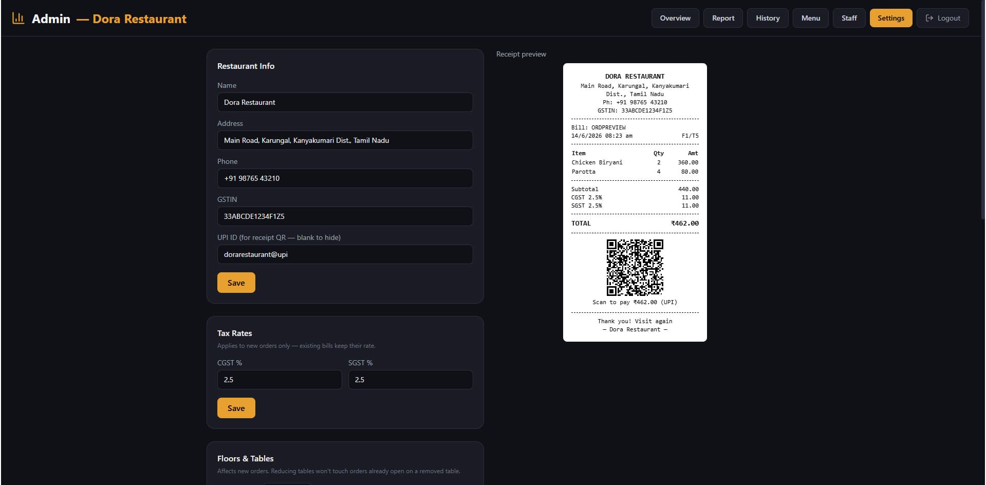 QDCODEX restaurant billing software — Daily sales report dashboard